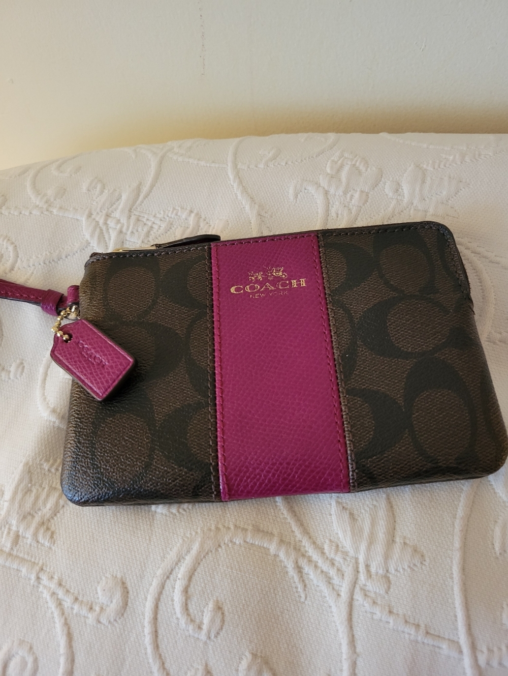 Coach Signature Wristlet with Pink Center Stripe